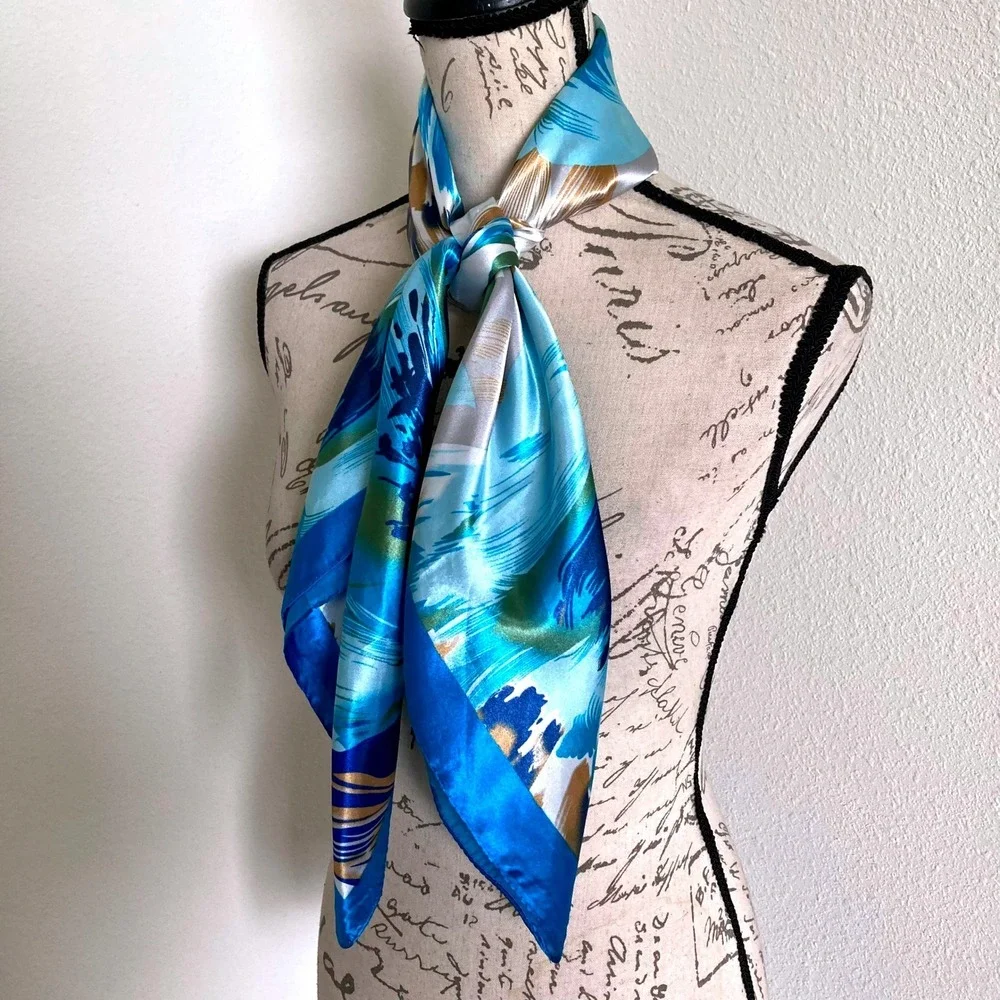 Oversized Square Blue Floral Satin Scarf Head Neck Hair boho Tropical Wrap 💖